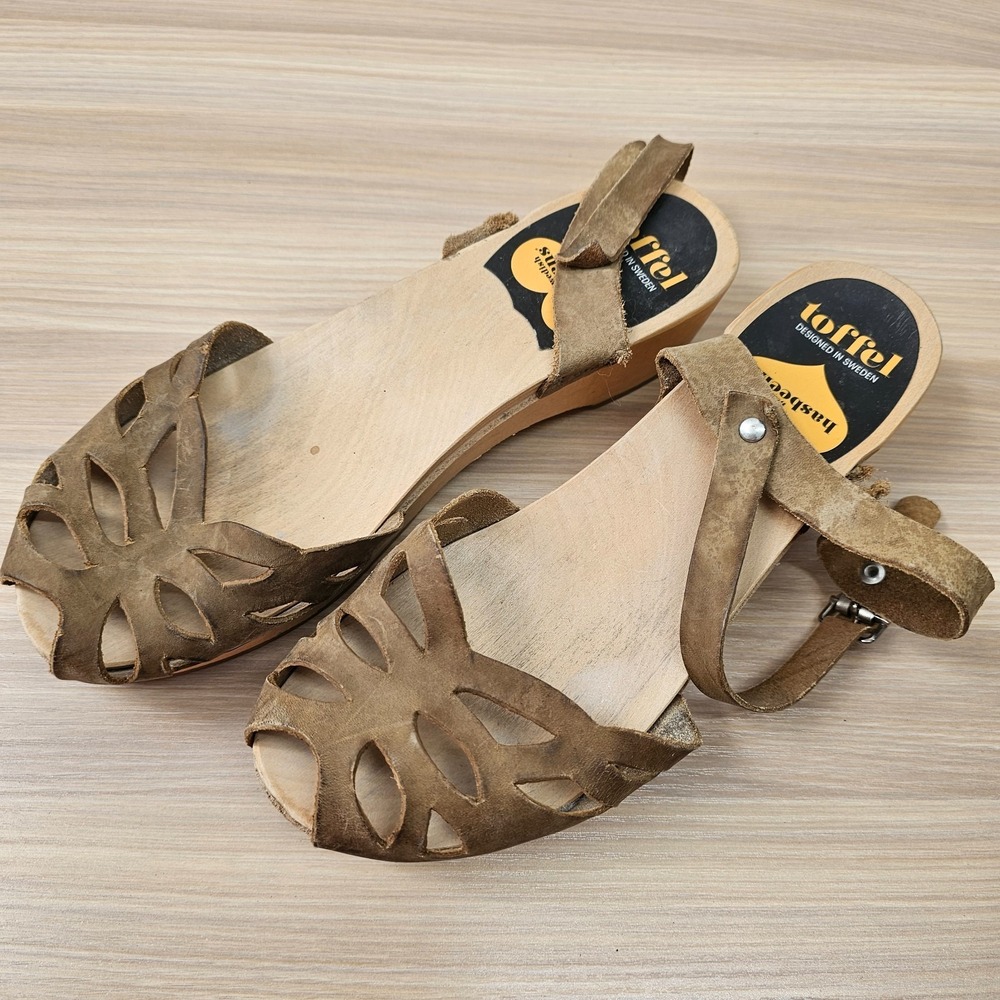 Swedish Hasbeens Wood Clogs Womens 37 US 6 Brown Leather Peep Toe Sandals Boho